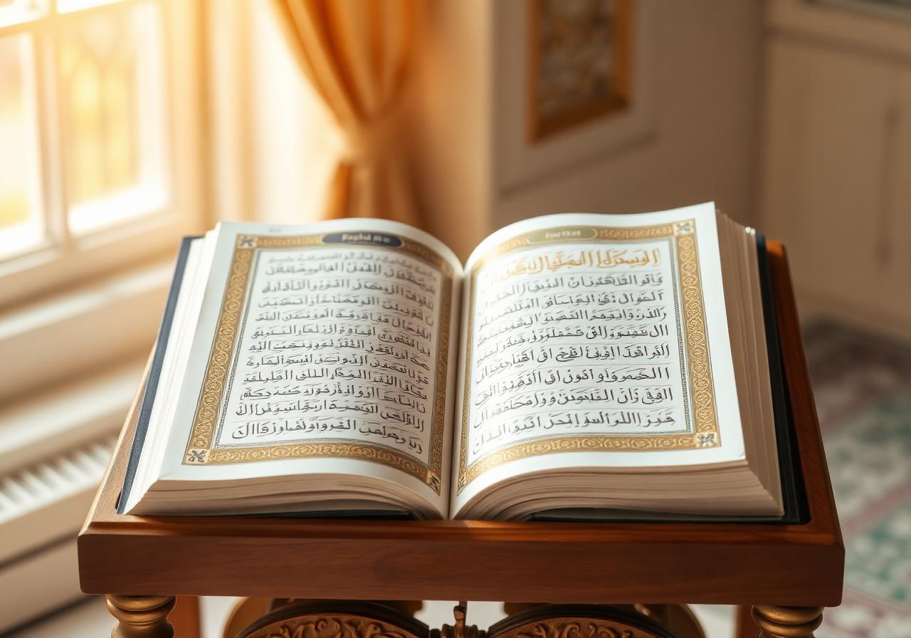 Mushaf Al-Quran terbuka di atas rehal kayu